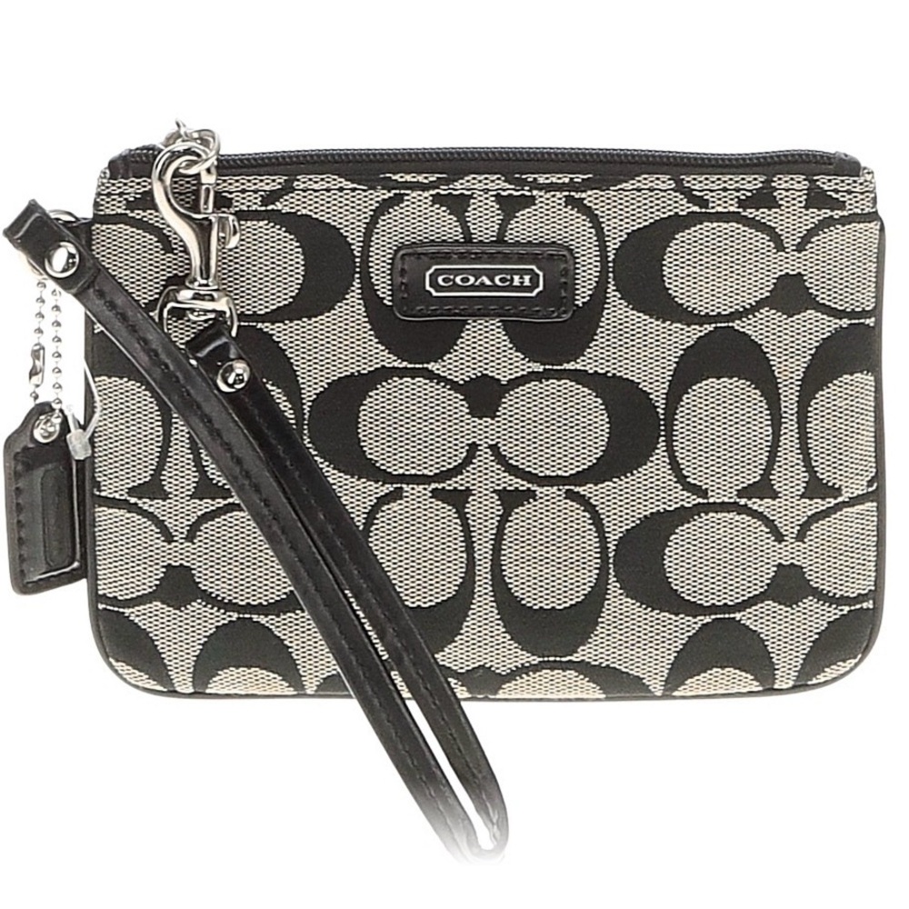 Coach Black Beige Signature Logo Canvas Leather Wristlet Women’s Handbag